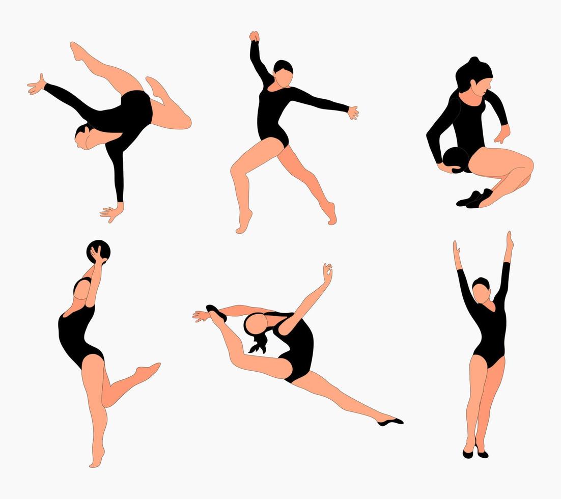 Gymnast team silhouettes set. Sport artistic gymnastics. Sports queen. Flat style. Isolated vector