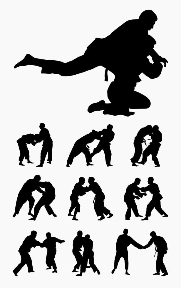 Vector collection silhouettes judoist, judoka, fighter in a duel, fight, judo sport. Martial art. Sportsmanship. Sport silhouettes pack