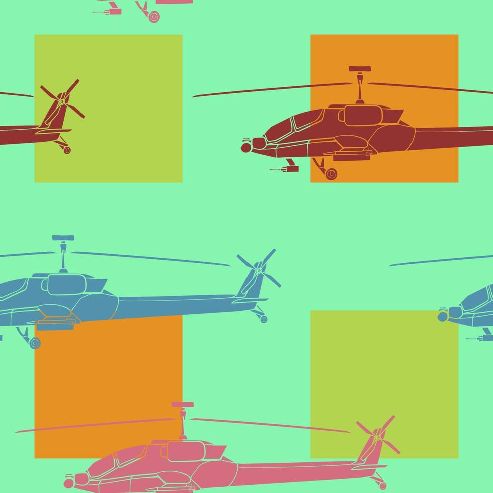 sin costura modelo. vistoso militar helicóptero. fondo con combate vehículo. vistoso vector ilustración aislado en antecedentes.