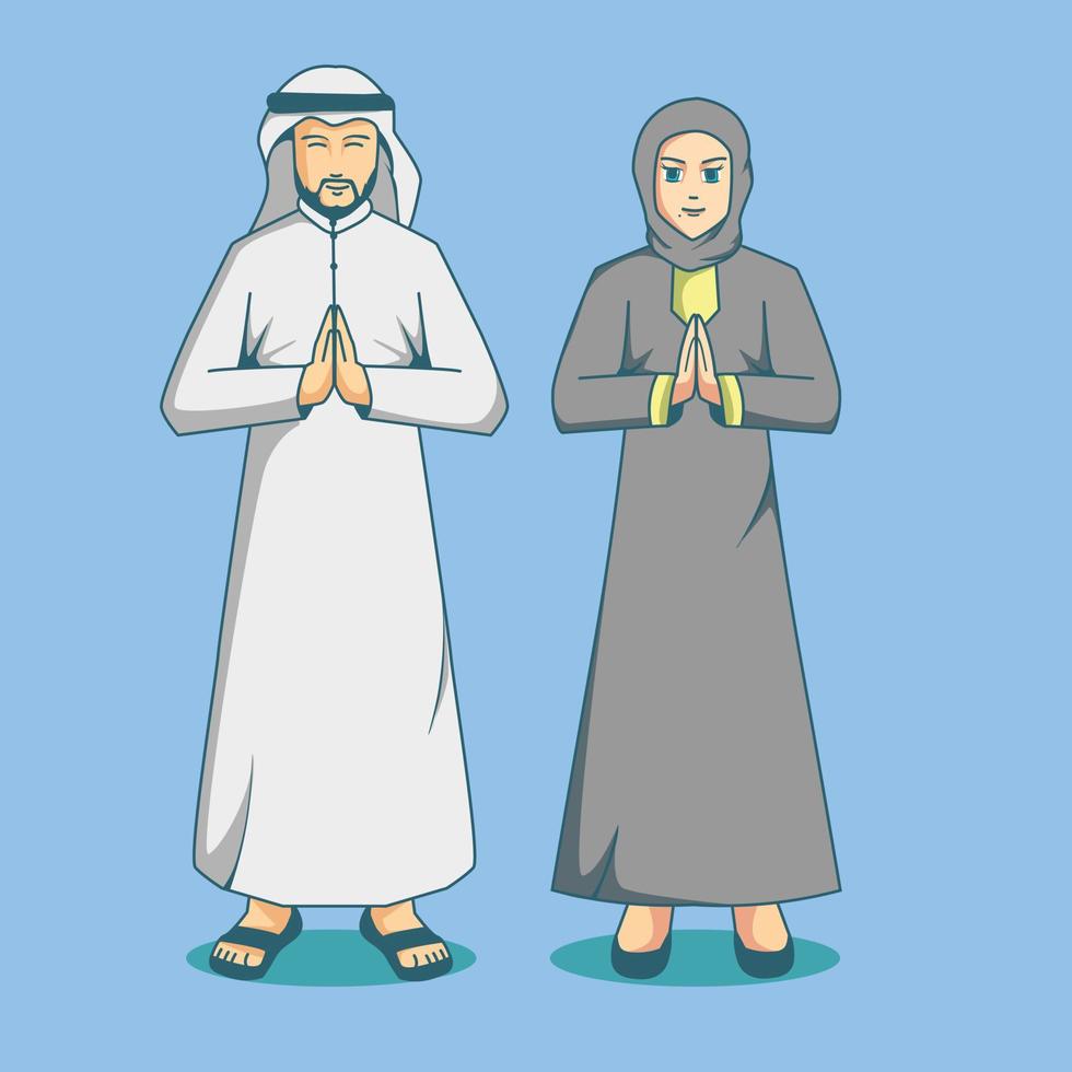 árabe dibujos animados personaje en tradicional ropa con Pareja vector