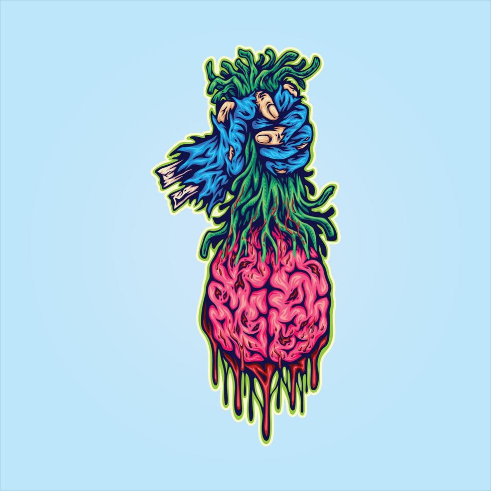 Scary zombie monster holding brain logo cartoon illustrations vector