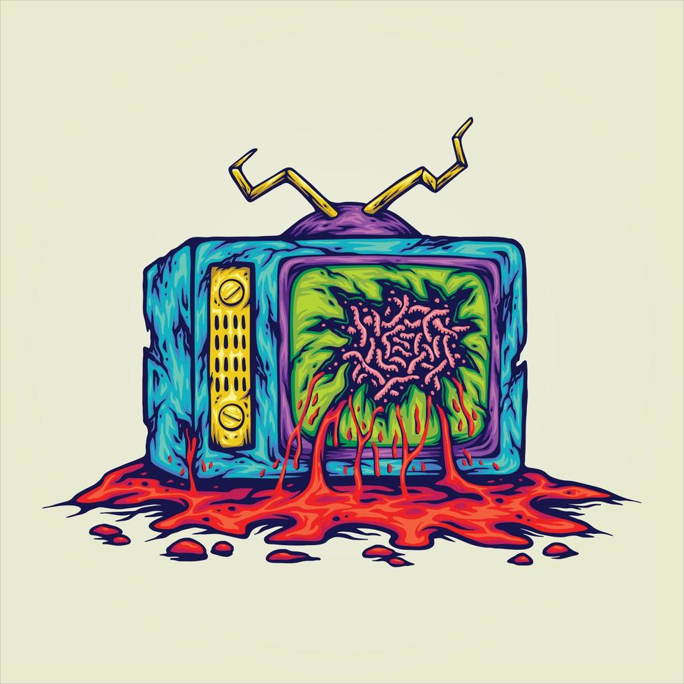 Creepy monster tv monitor logo cartoon illustrations vector