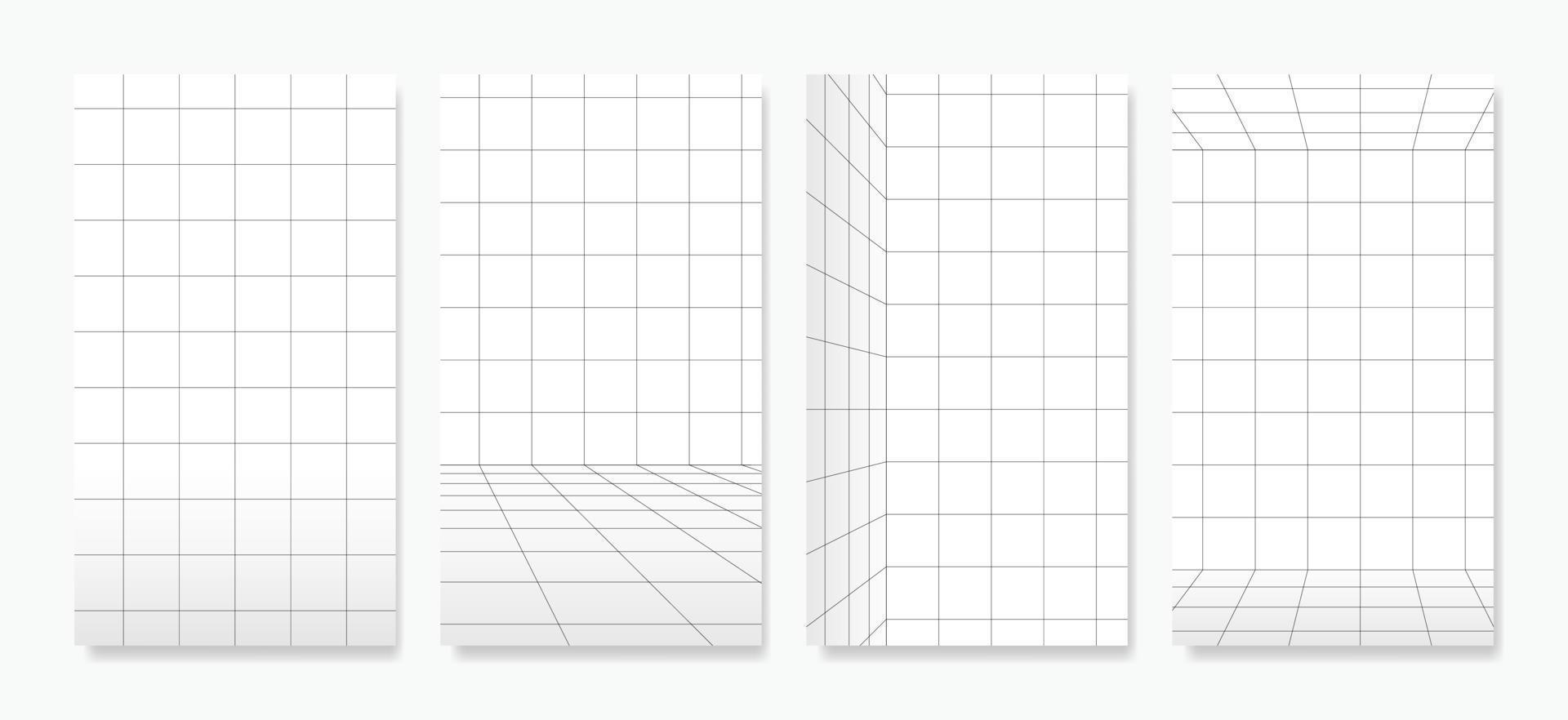 A collection of vector perspective grids with precise lines over a white background. These grids are ideal for vertical Instagram stories, ads, banners, and posters.