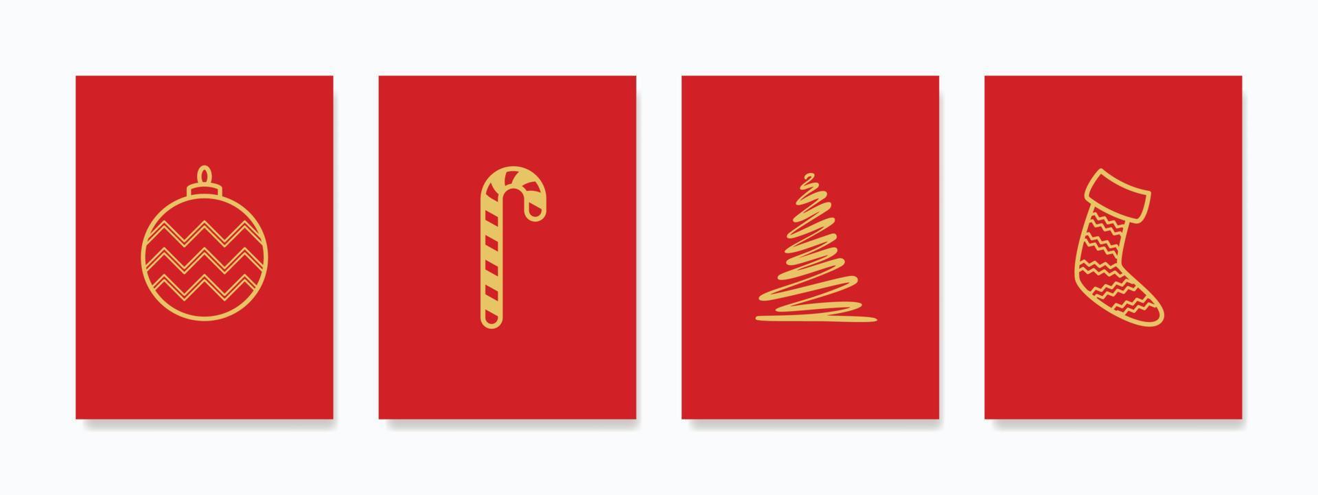 Festive Christmas wall art set featuring trees, stockings, balls, and candy on a red background. Versatile decor for cards, posters, banners, and room decorations. vector