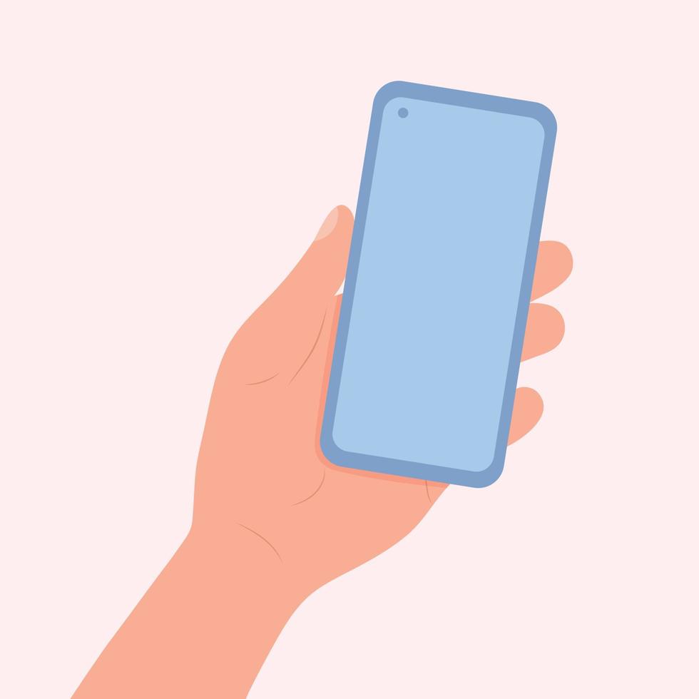 Hand holding smartphone with blank screen. Flat design in pastel colors. vector