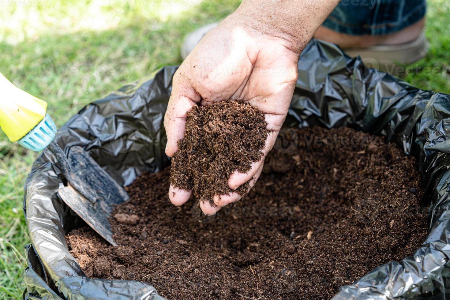 Hand holding peat moss organic matter improve soil for agriculture organic plant growing, ecology concept. photo