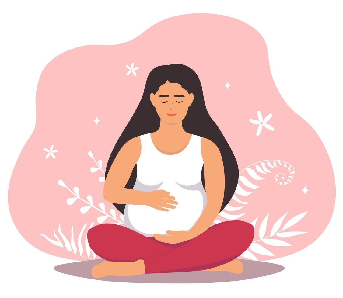 A pregnant happy woman is sitting in the lotus position, holding a big belly with her hands. Female is expecting a baby. Vector flat graphics.