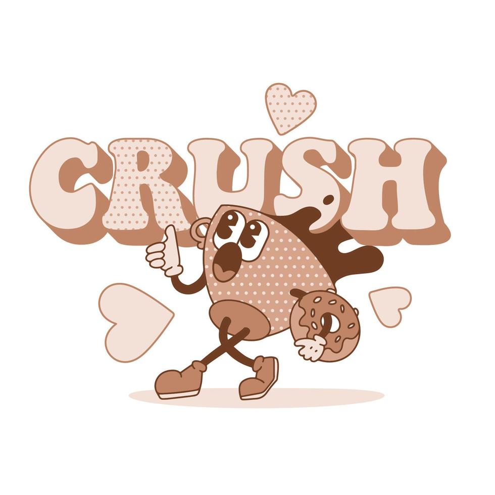 Crush - vintage lettering word with retro cartoon coffee cup character and hearts. Monochrome 70's Groovy Themed in Hand Drawn style. Hippie contour vector illustration for girl tee, t-shirt