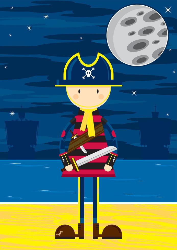 Cute Cartoon Swashbuckling Pirate Captain with Sword on the Beach by Moonlight vector