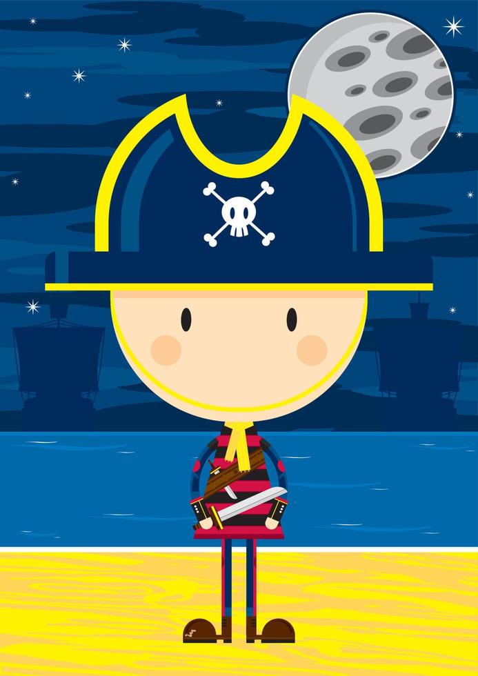 Cute Cartoon Swashbuckling Pirate Captain with Sword on the Beach by Moonlight vector
