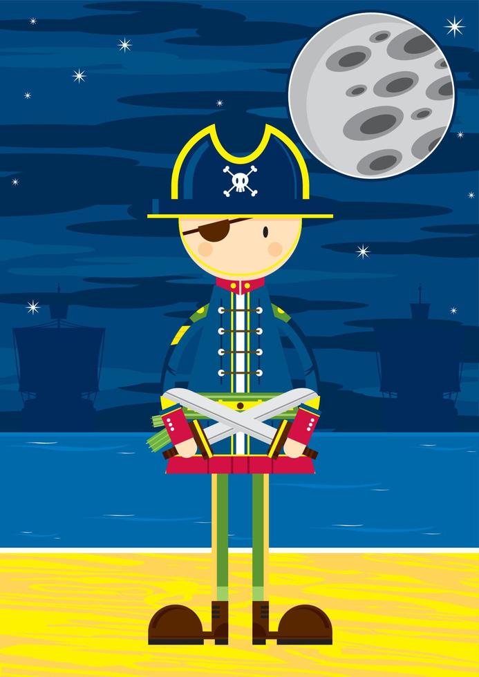 linda dibujos animados bravucón parche en el ojo pirata capitán con espadas en el playa por luz de la luna vector
