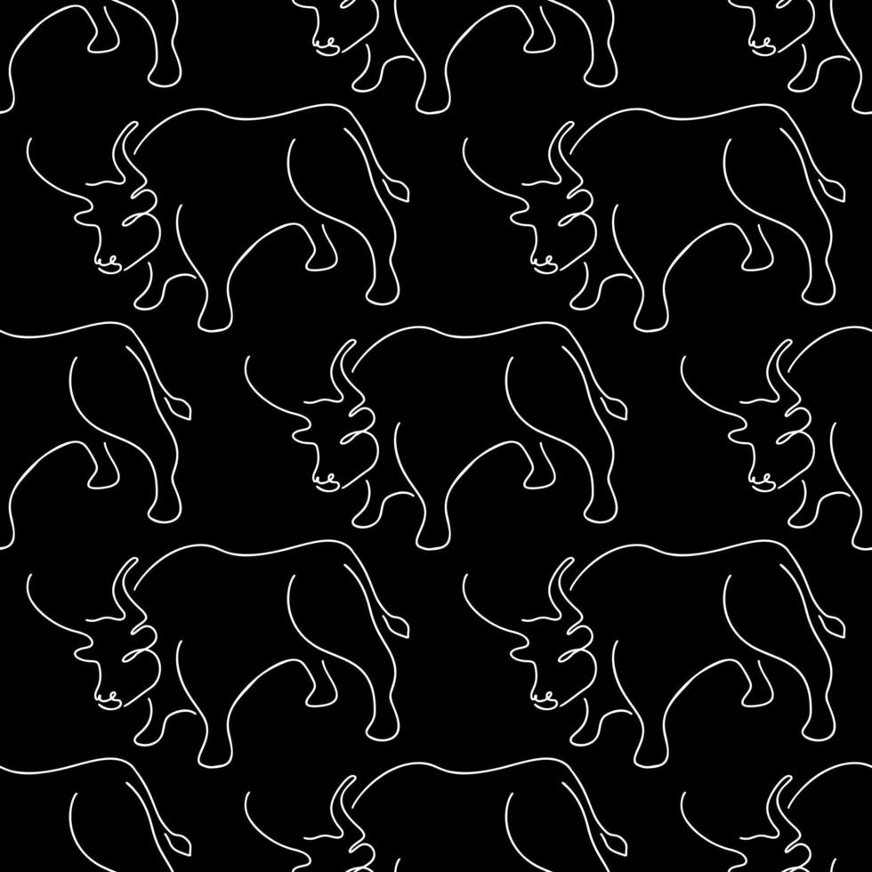 Seamless pattern with bulls illustration in line art style white color on black background vector