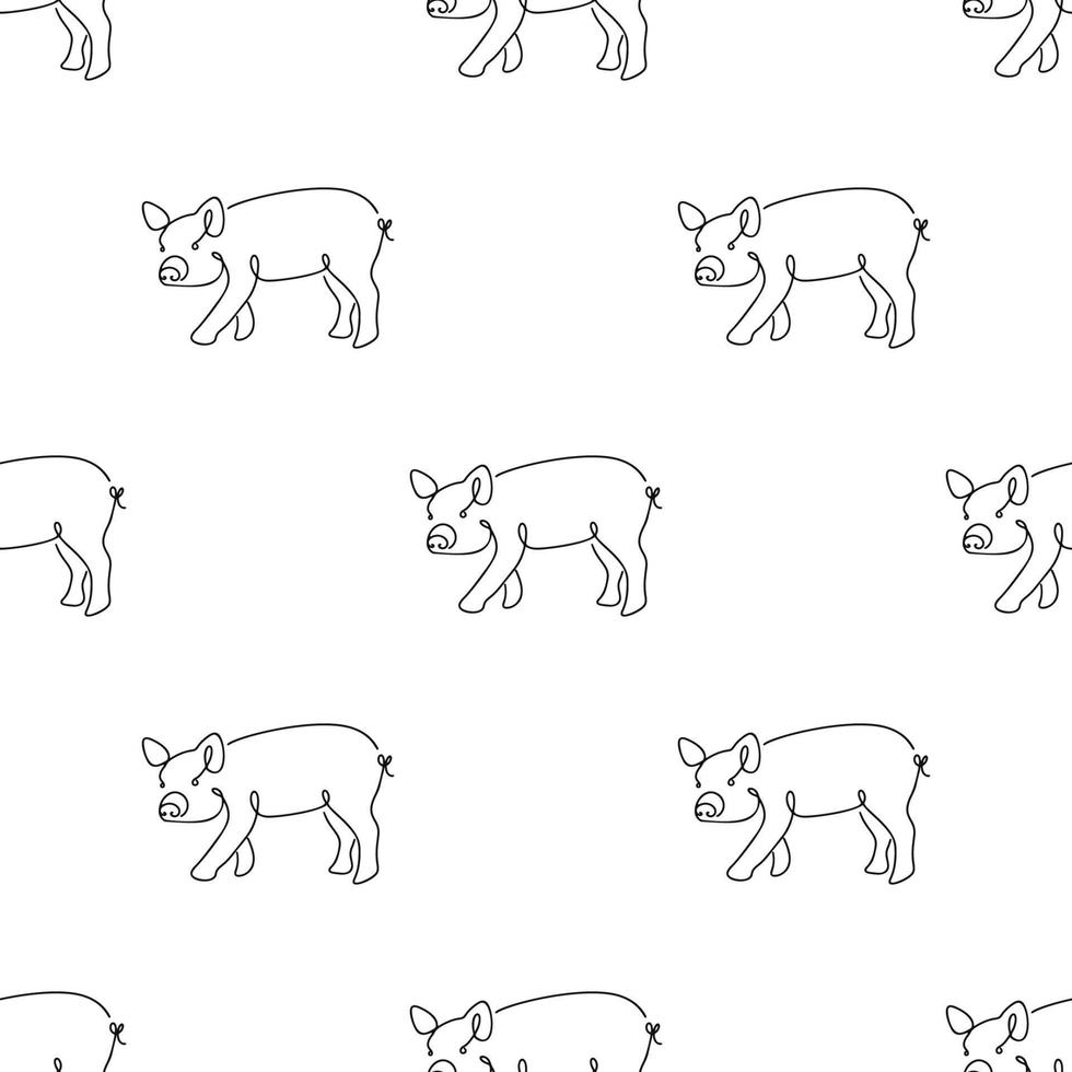 Seamless pattern with pigs illustration in line art style on white background vector