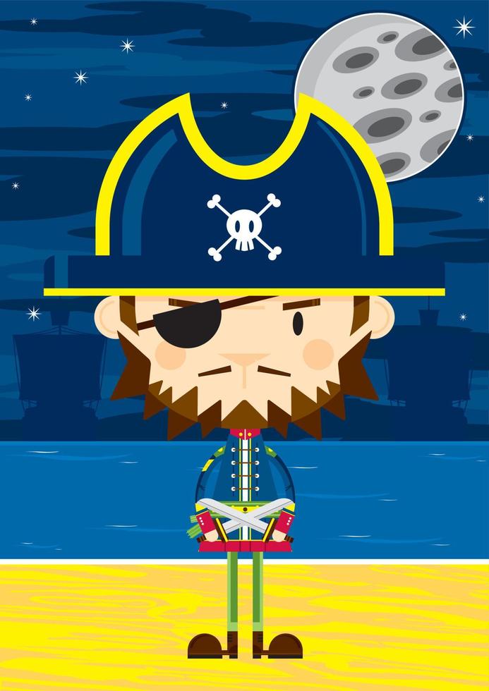 Cute Cartoon Swashbuckling Eyepatch Pirate Captain with Swords on the Beach by Moonlight vector