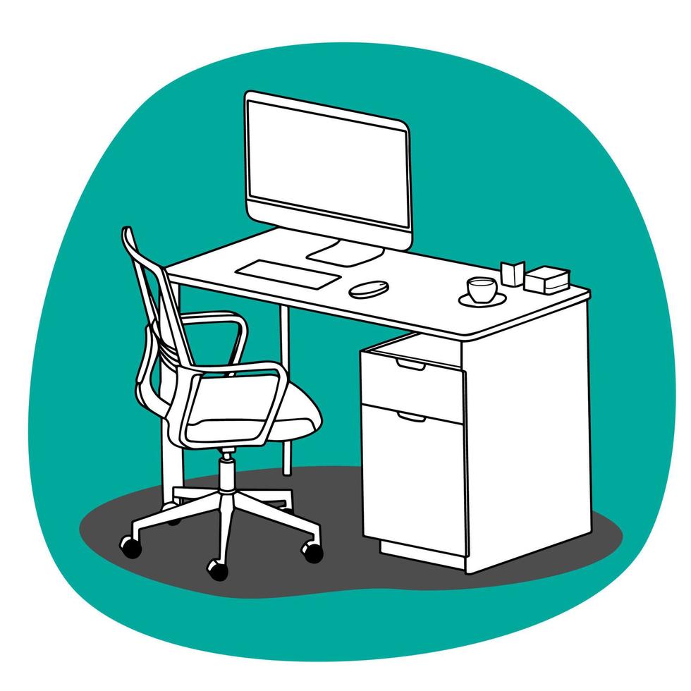 Home or office working desk Retro colorful style on white background. Work from home concepts. Vector illustration Flat design element for website or app, graphic, logo, social media, mobile app, ui.