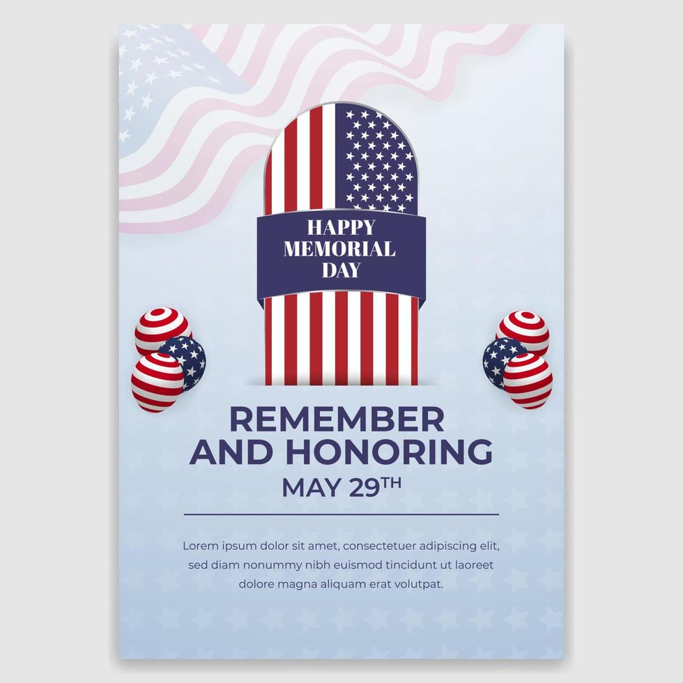 US Memorial Day May 29th flyer design with tombstone and flag pattern illustration vector