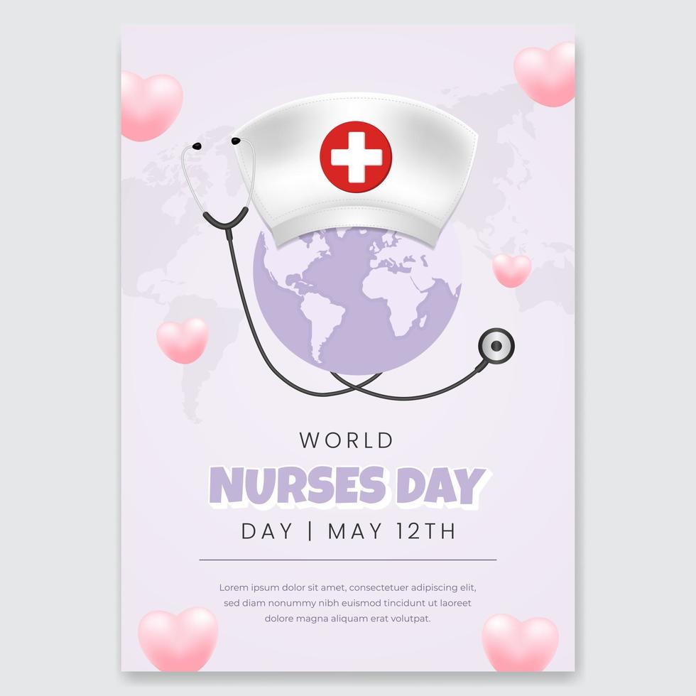 World Nurses Day May 12th flyer illustration with hat stethoscope and globe vector