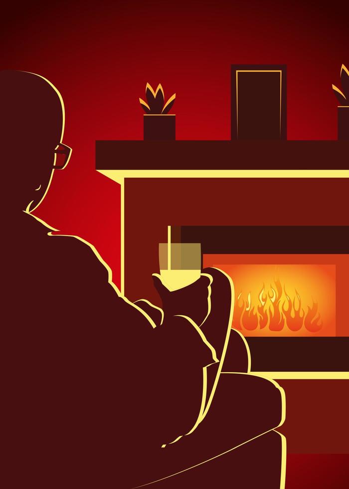 silhouette of a man in an armchair in front of a fireplace with a drink vector