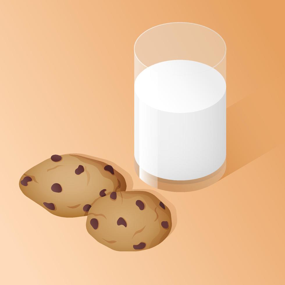 Isometric glass of milk and chocolate chip cookies. Vector illustration