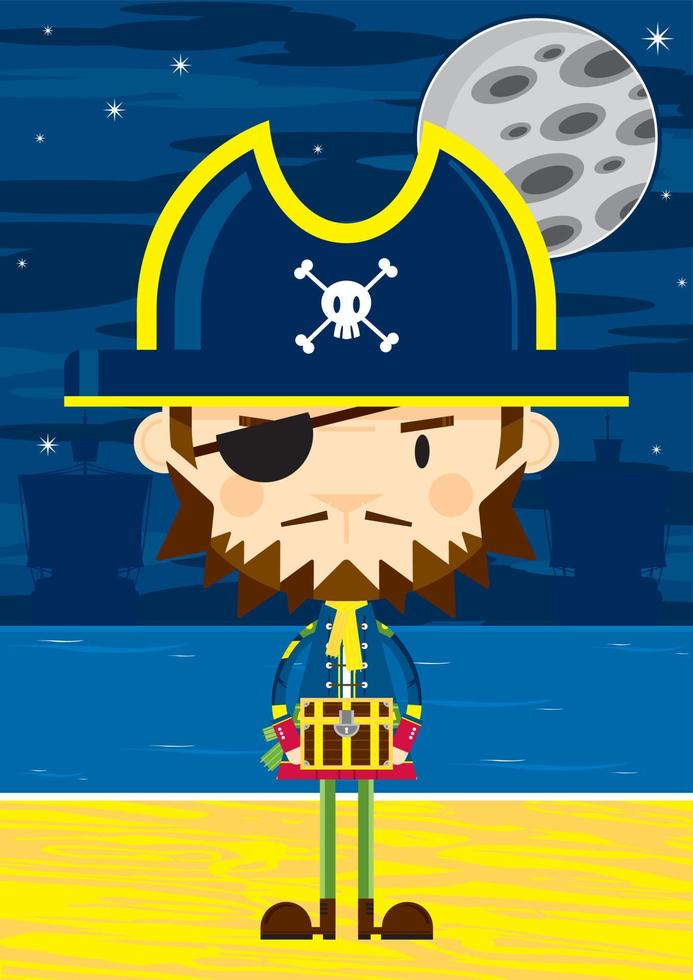 Cute Cartoon Swashbuckling Eyepatch Pirate Captain with Treasure Chest on the Beach by Moonlight vector