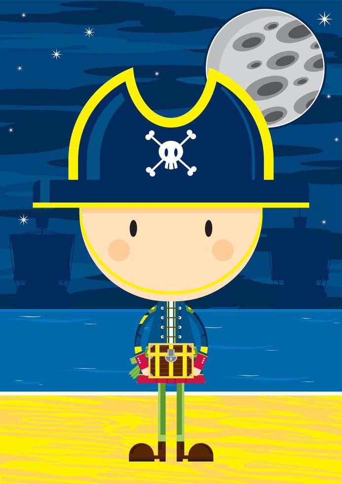 Cute Cartoon Swashbuckling Pirate Captain with Treasure Chest on the Beach by Moonlight vector