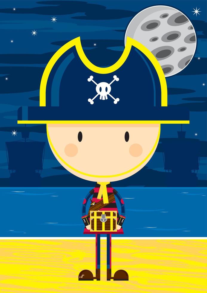 Cute Cartoon Swashbuckling Pirate Captain with Treasure Chest on the Beach by Moonlight vector