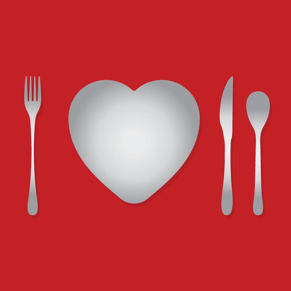 conjunto de cuchillería en un corazón conformado plato, amor alimento, san valentin día concepto vector ilustración acortar arte,