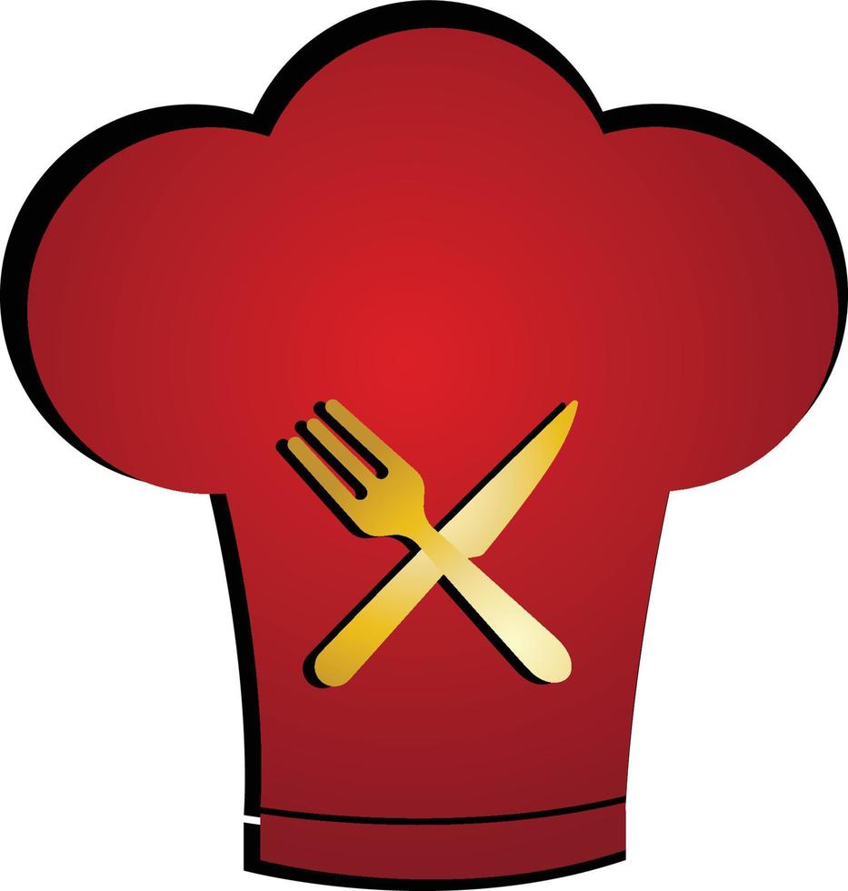 Red chef hat and golden fork and knife cross vector illustration logo icon template