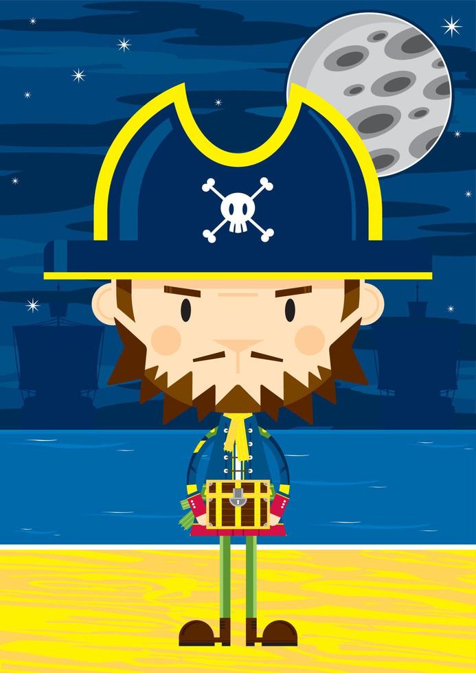 Cute Cartoon Swashbuckling Pirate Captain with Treasure Chest on the Beach by Moonlight vector