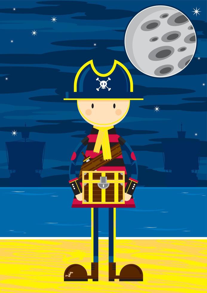 Cute Cartoon Swashbuckling Pirate Captain with Treasure Chest on the Beach by Moonlight vector