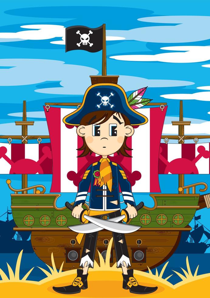 Cute Cartoon Swashbuckling Pirate Captain with Swords and Ship on the Beach vector