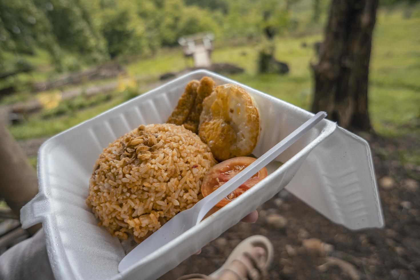Close up photo of fried rice with nature background  when day time. The photo is suitable to use for food traveler background and foodies post content.