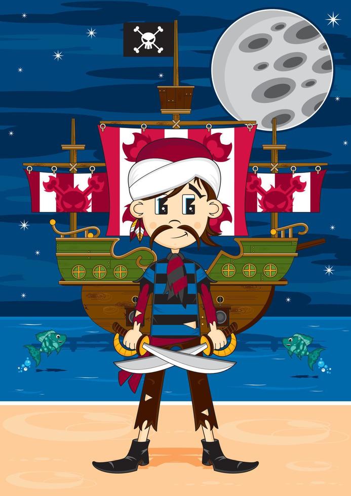 Cute Cartoon Swashbuckling Turban Pirate with Sword and Ship on the Beach by Moonlight vector