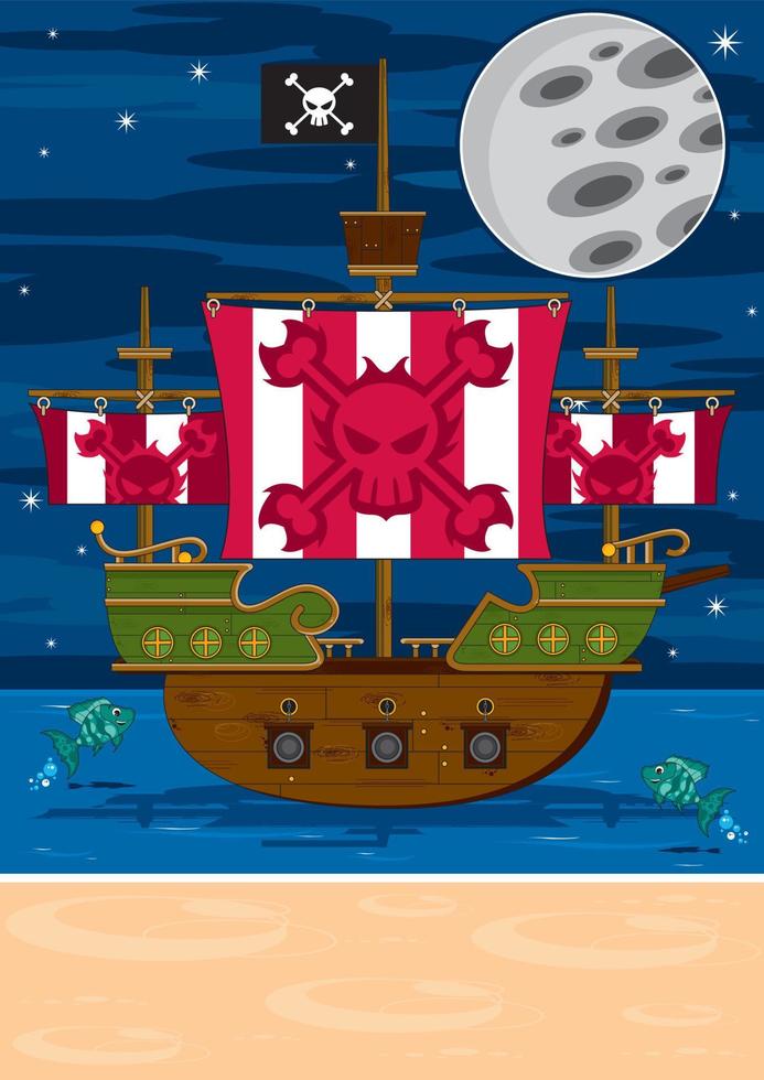 Cartoon Swashbuckling Pirates Ship at Shore by Moonlight vector