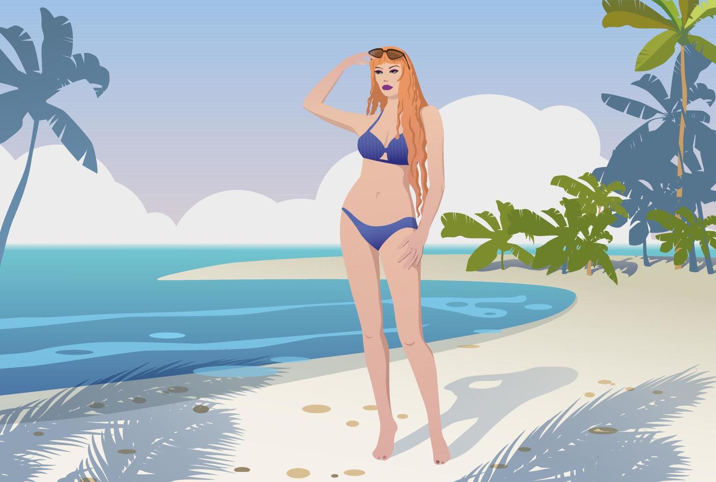 Girl on the beach in the morning in the shade of palm trees. Vector. vector