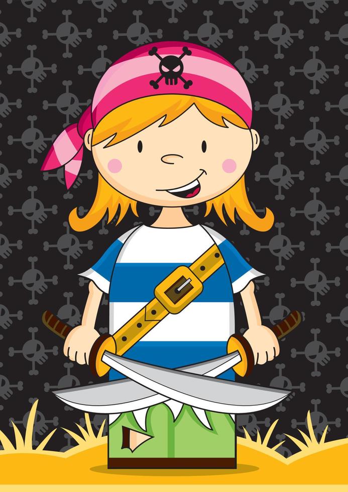 Cute Cartoon Swashbuckling Pirate Girl Character with Swords vector