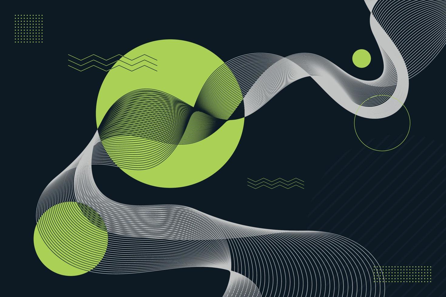 Geometric composition with light green circle and wavy lines on black background design vector