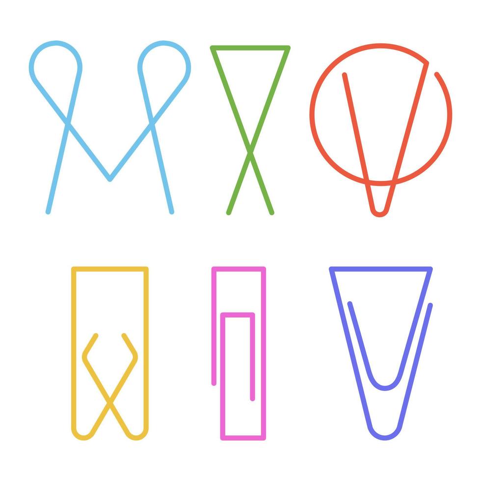 A set of different shapes of multi-colored paper clips. vector