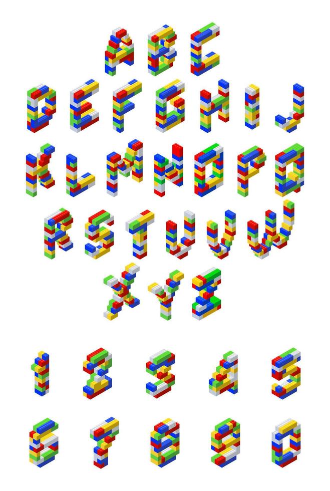 Colored alphabet in isometry with numbers. Vector clipart