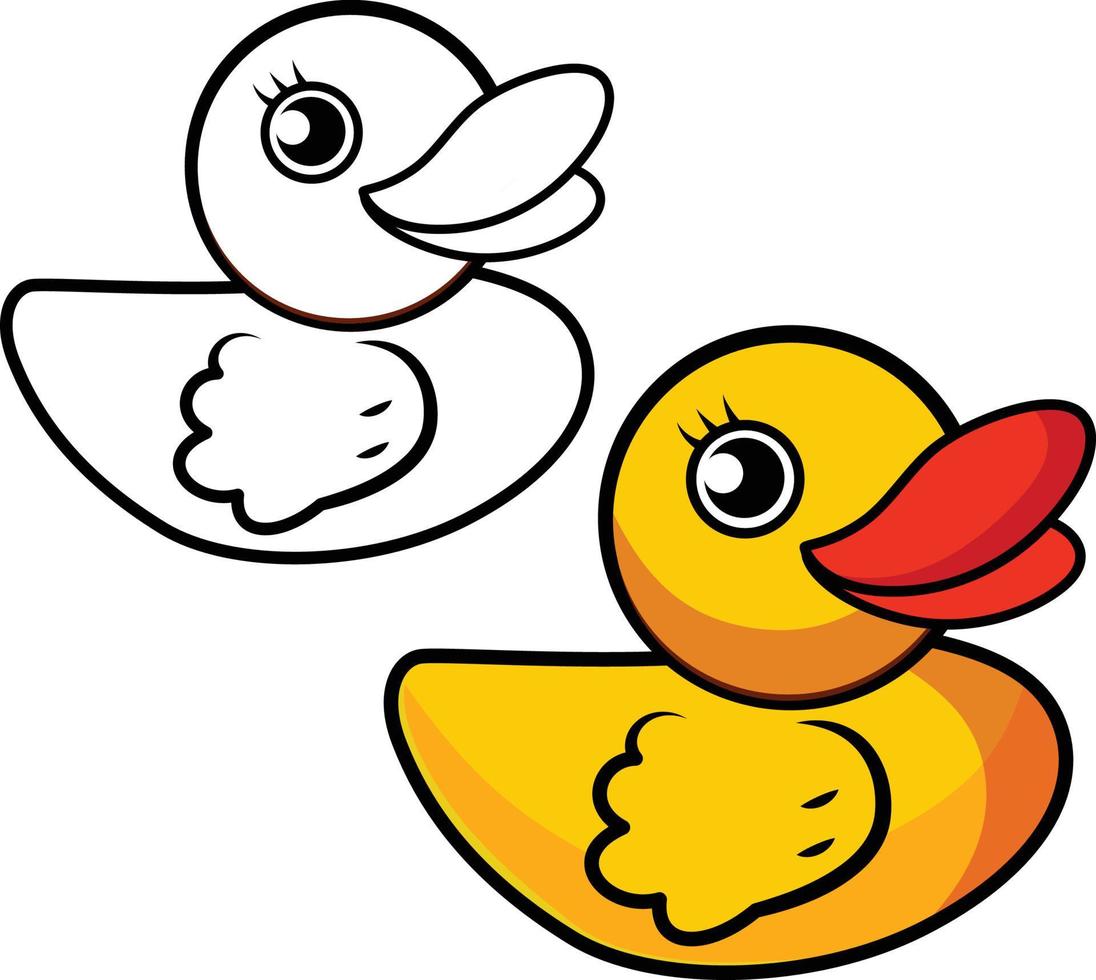 Yellow rubber duck bathroom toy vector  colored and black line art illustration