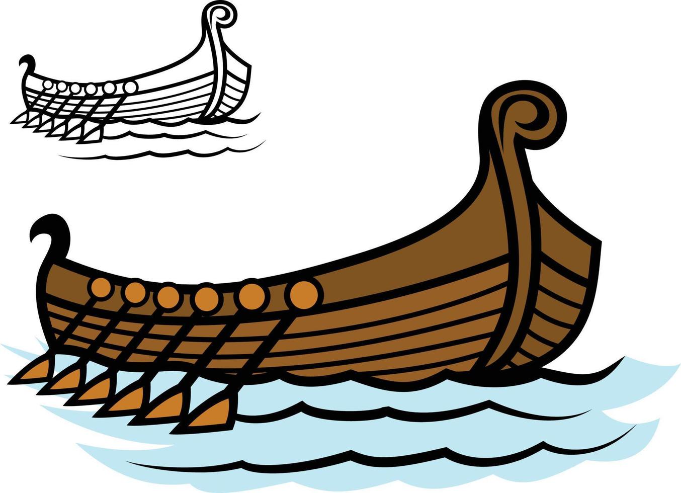 Viking ship sailing on the sea. Sea battle. Wooden boat vector illustration