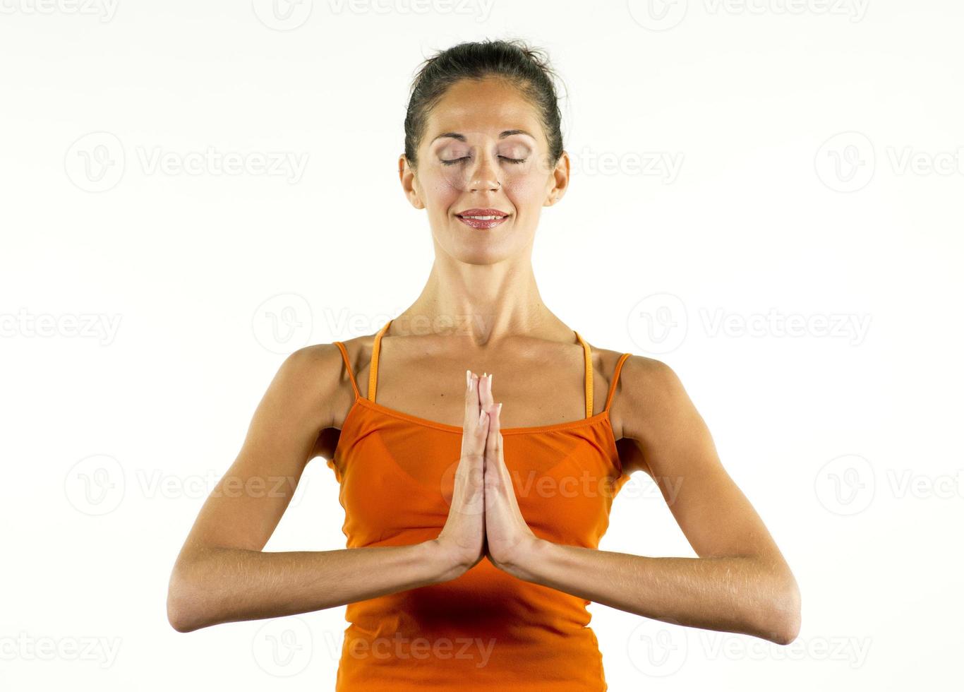 beautiful yoga woman against white photo