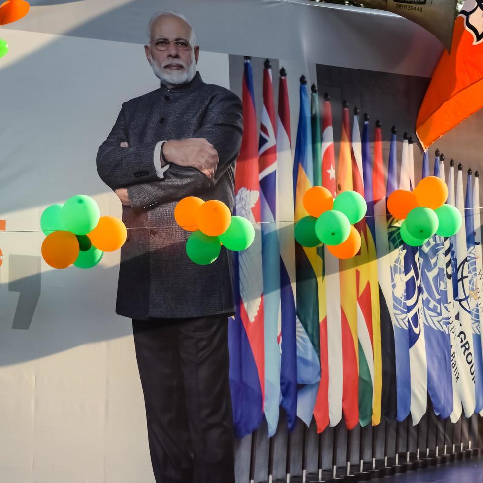 New Delhi, India - January 16 2023 - Prime Minister Narendra Modi cut out during BJP road show, the statue of PM Modi while attending a big election rally in the capital photo