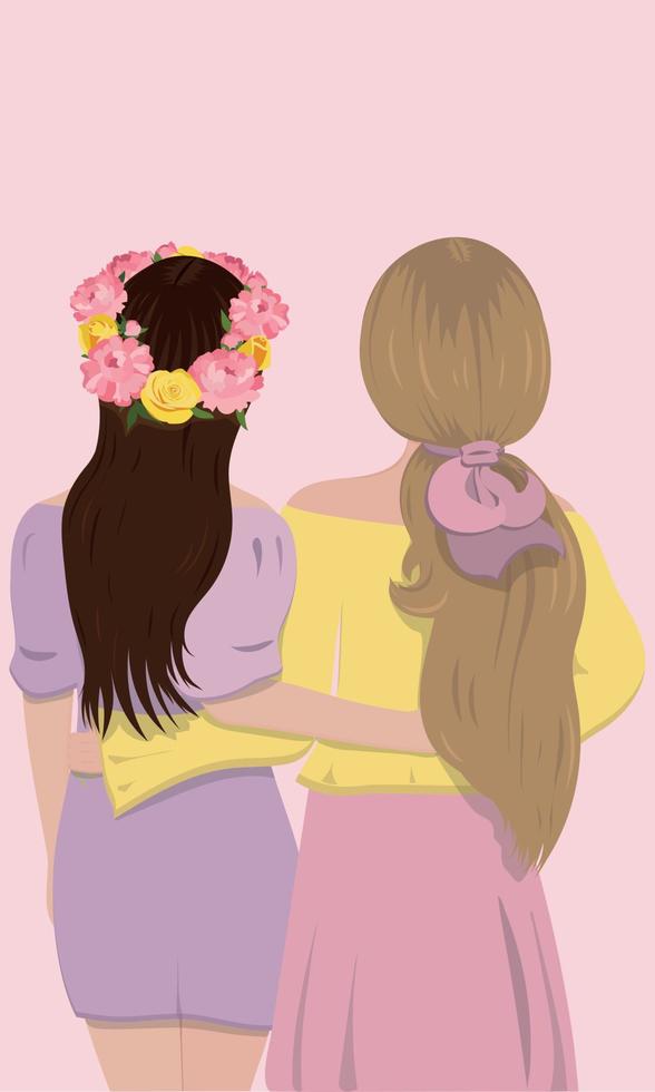 Two girls with beautiful hair and flower wreaths stand in an embrace vector