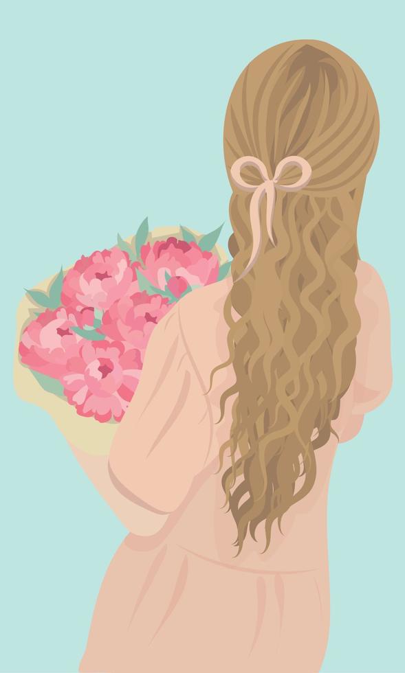 A woman with beautiful hair stands with her back and holds a bouquet of peonies in her hands vector