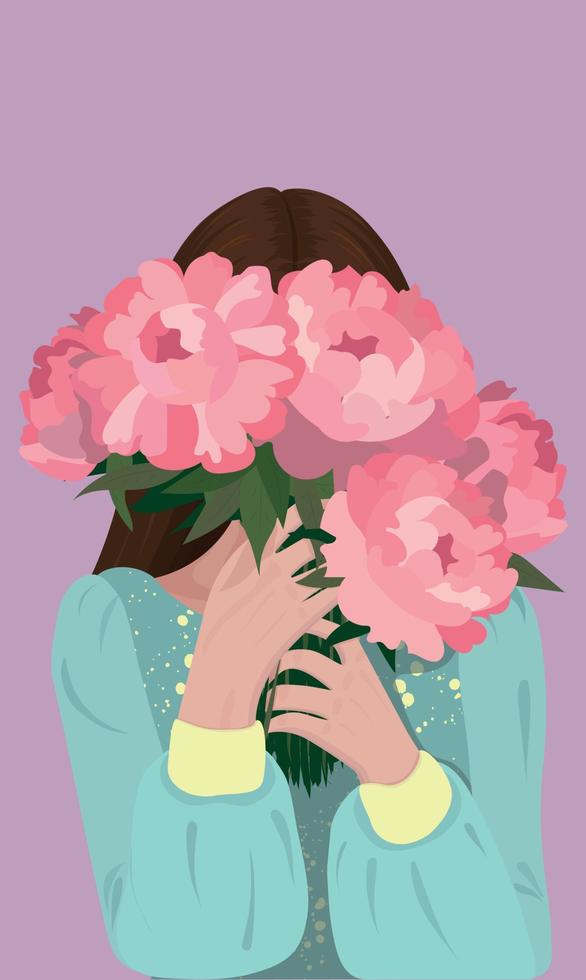 Beautiful woman covered her face with peonies vector