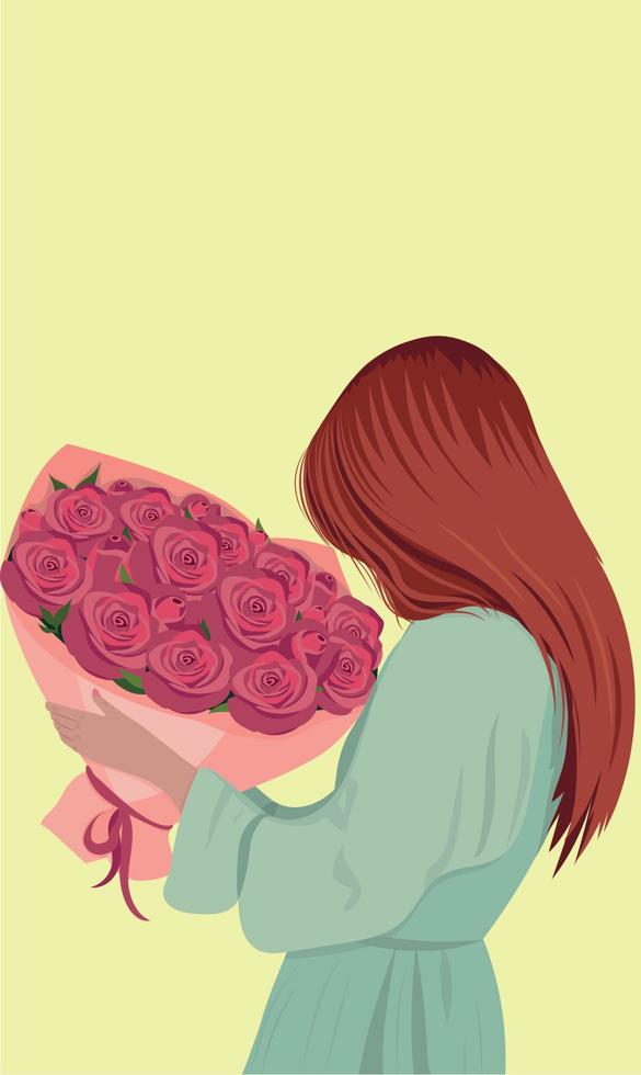 Girl with beautiful hair and a large bouquet of roses vector