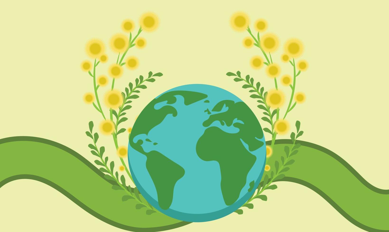 A green earth with yellow flowers and a green globe on it. vector