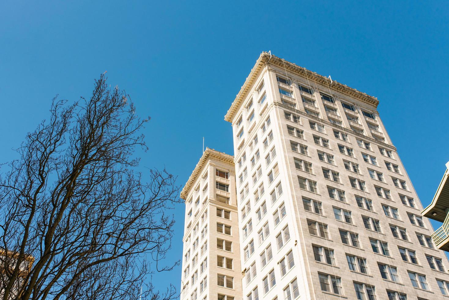 Tacoma, Washington, USA. April 2022. Building in the city center against the blue sky photo