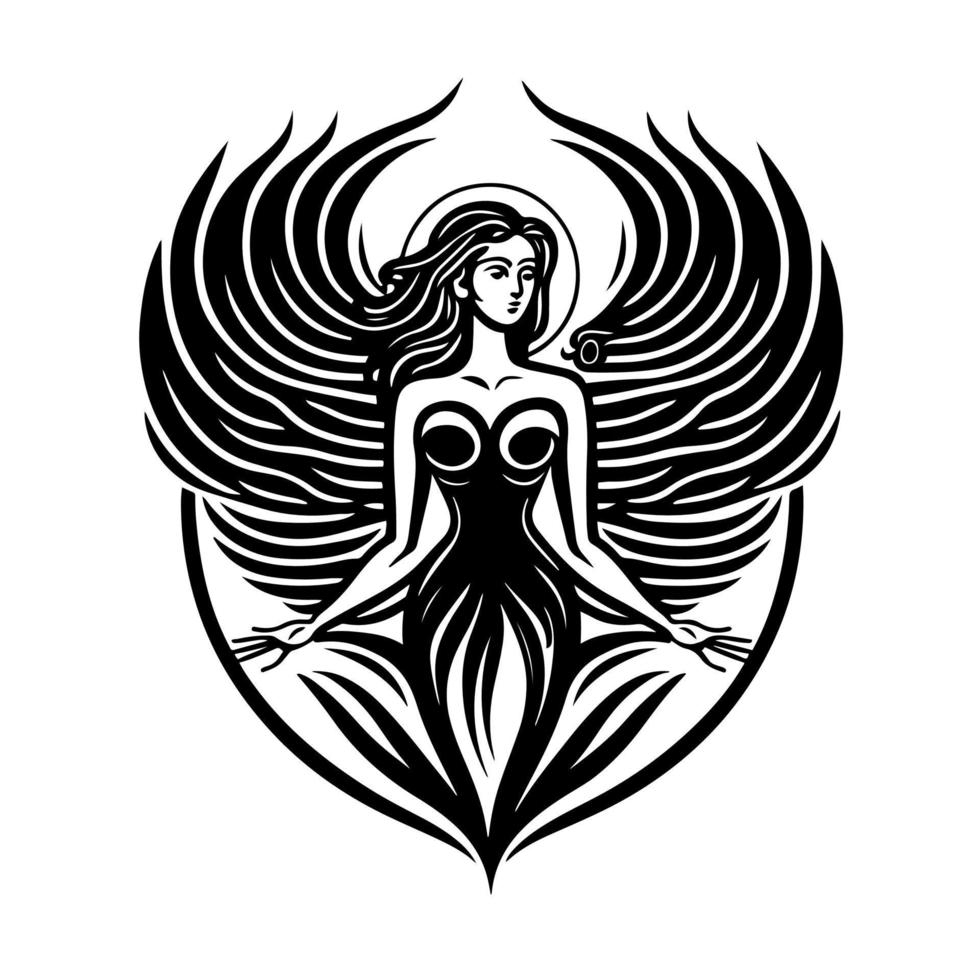 Beautiful girl with angel wings. Ornamental design for tattoo, logo, sign, emblem, t-shirt, embroidery, crafting, sublimation. vector